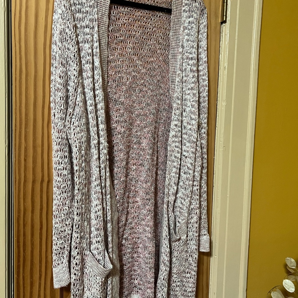 Lane Bryant Pink and White Open-Front Cardigan